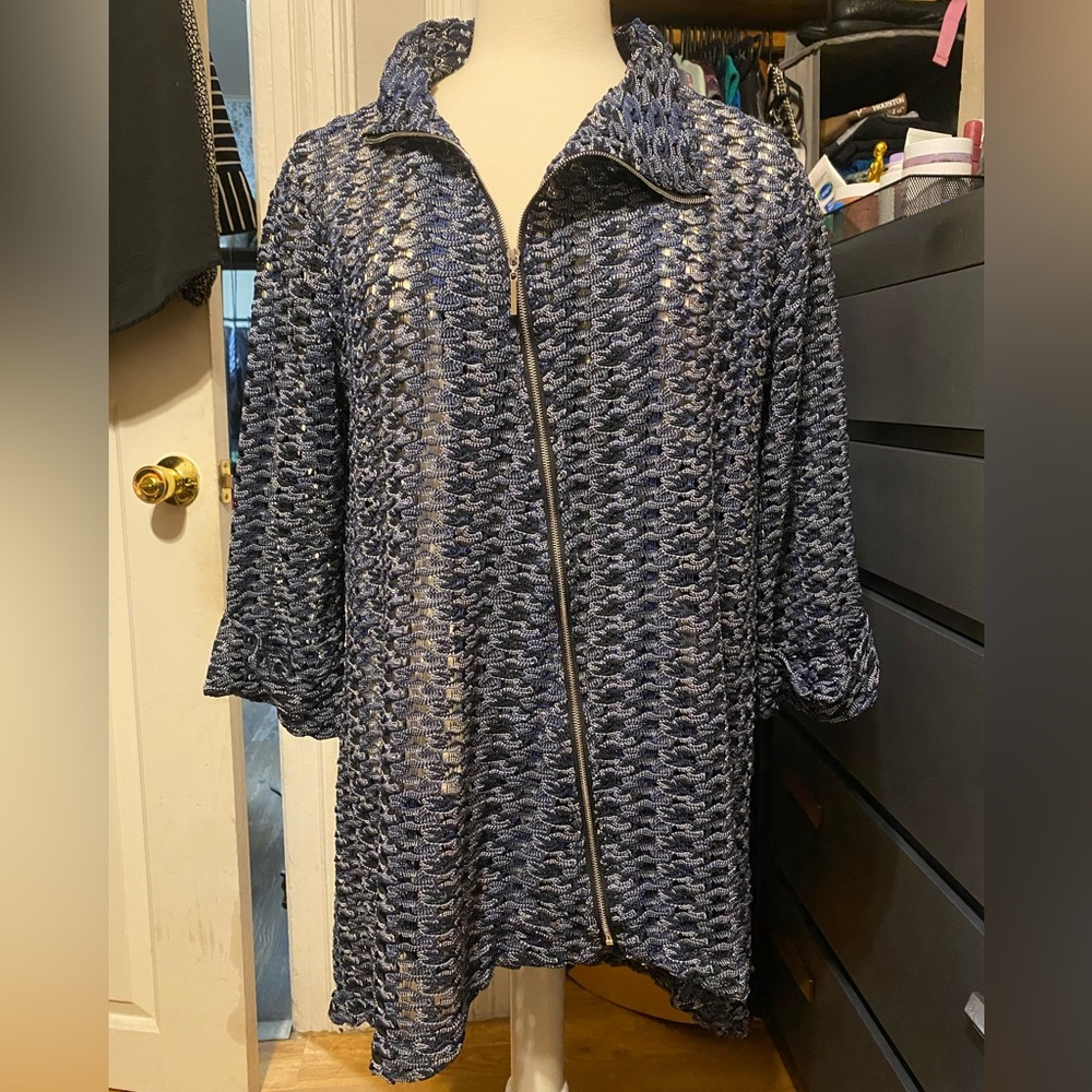 Pre-Owned Comfy USA Women’s Size S Blue See Through Zip-Up 3/4 Sleeved Dress